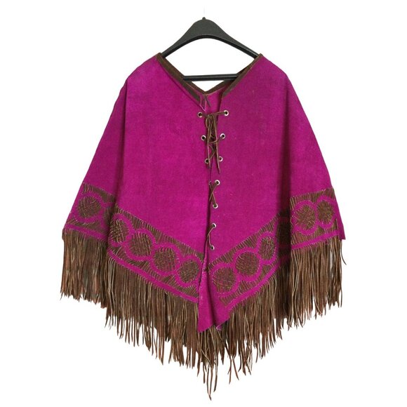 Vintage Women's Leather Poncho Fringed Pullover Purple Lace Up Southwestern